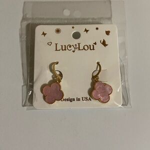 Pink Clover Drop Earrings with Gold Trim